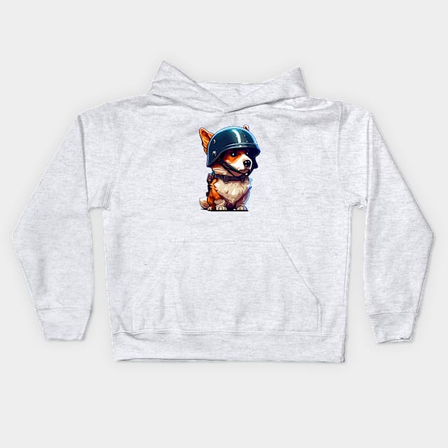 Funny military corgi in helmet Kids Hoodie by TomFrontierArt